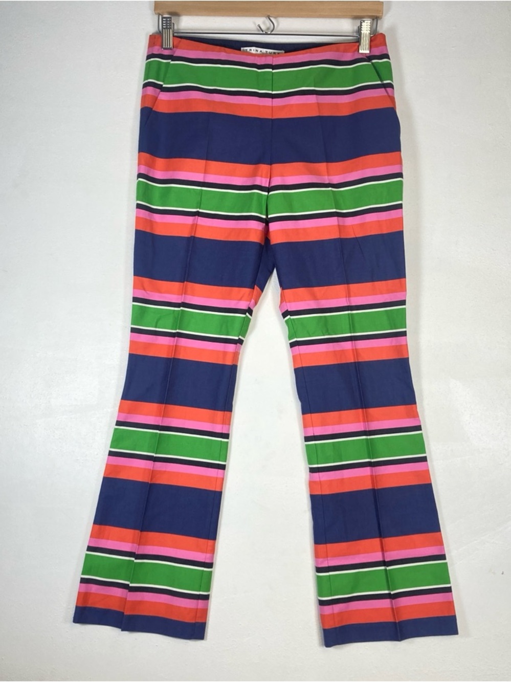 Trina Turk Rudi Straight Leg Pants Multicolor Splash Stripe Size 2 Retro Boho